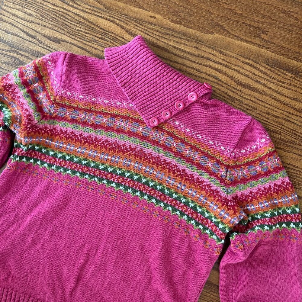 Vintage 90s Tiara Pink Fair Isle Turtleneck Sweater Button Collar Size Medium - Picture 4 of 10